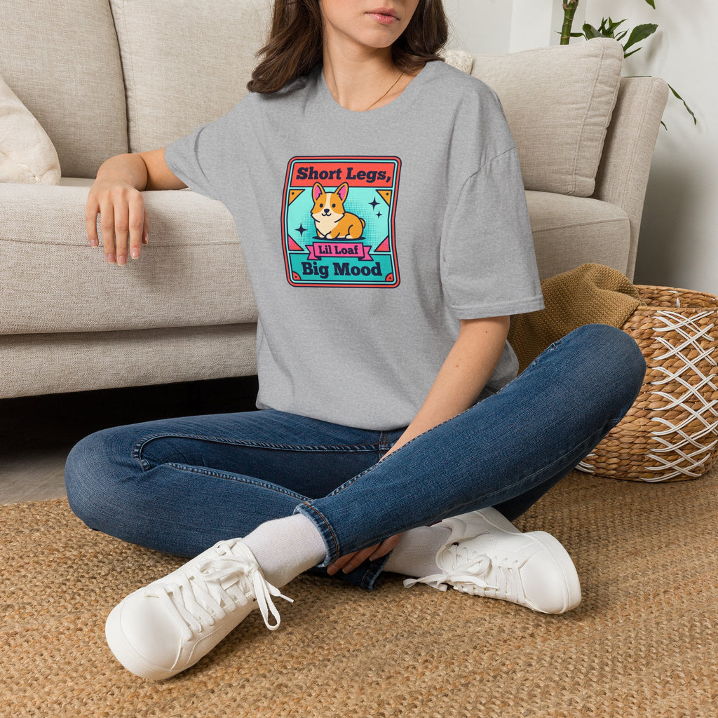 Light gray short-sleeve T-shirt with colorful corgi graphic on the chest