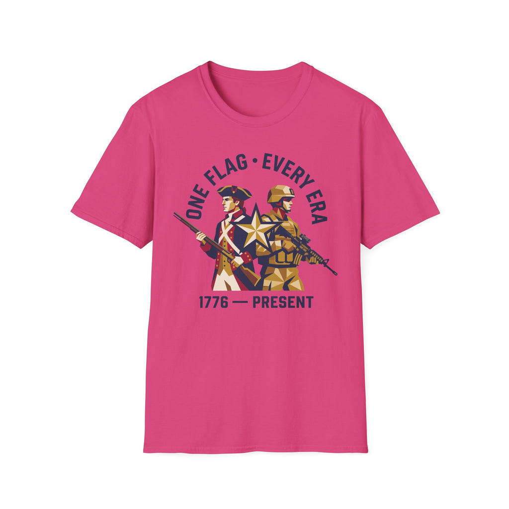 Pink crew-neck t-shirt with patriotic “ONE FLAG EVERY ERA 1776—PRESENT” graphic