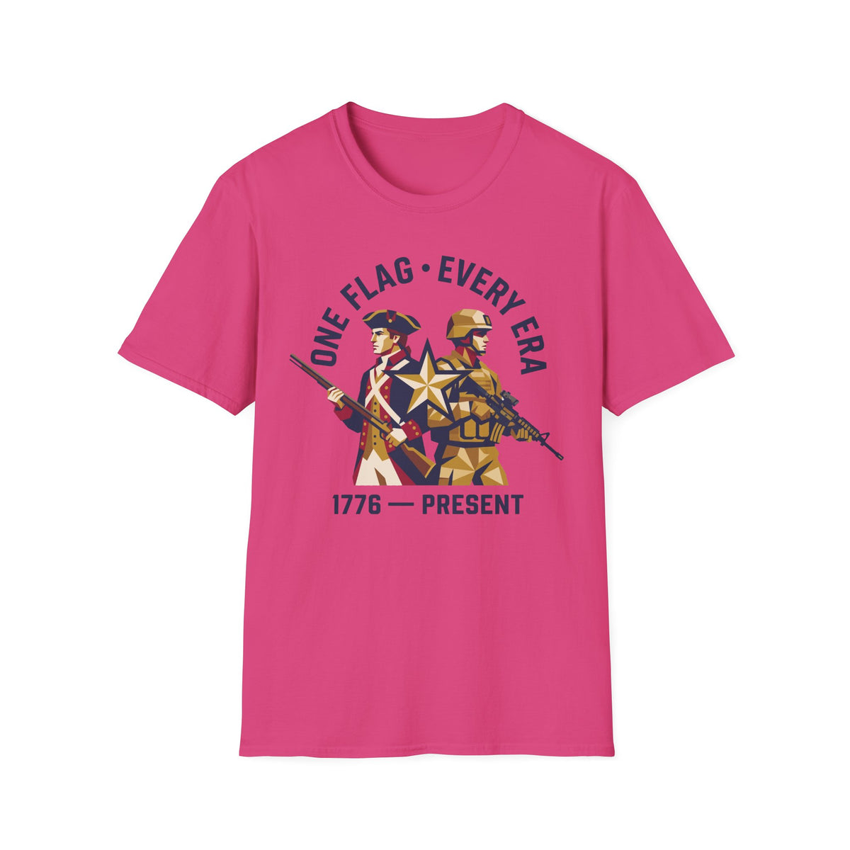 Pink crew-neck t-shirt with patriotic “ONE FLAG EVERY ERA 1776—PRESENT” graphic