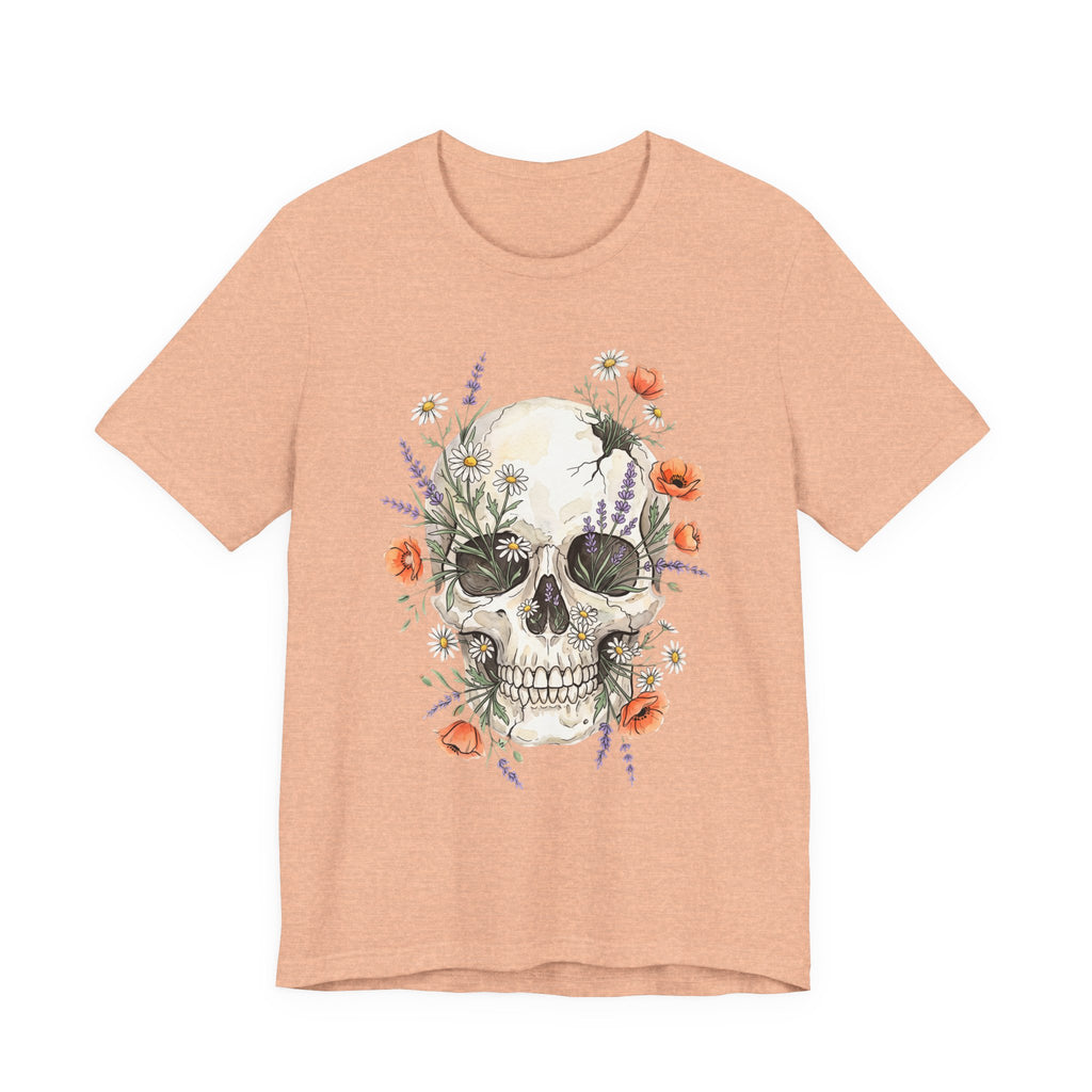 Peach floral skull T-shirt with poppies and wildflowers botanical graphic on front