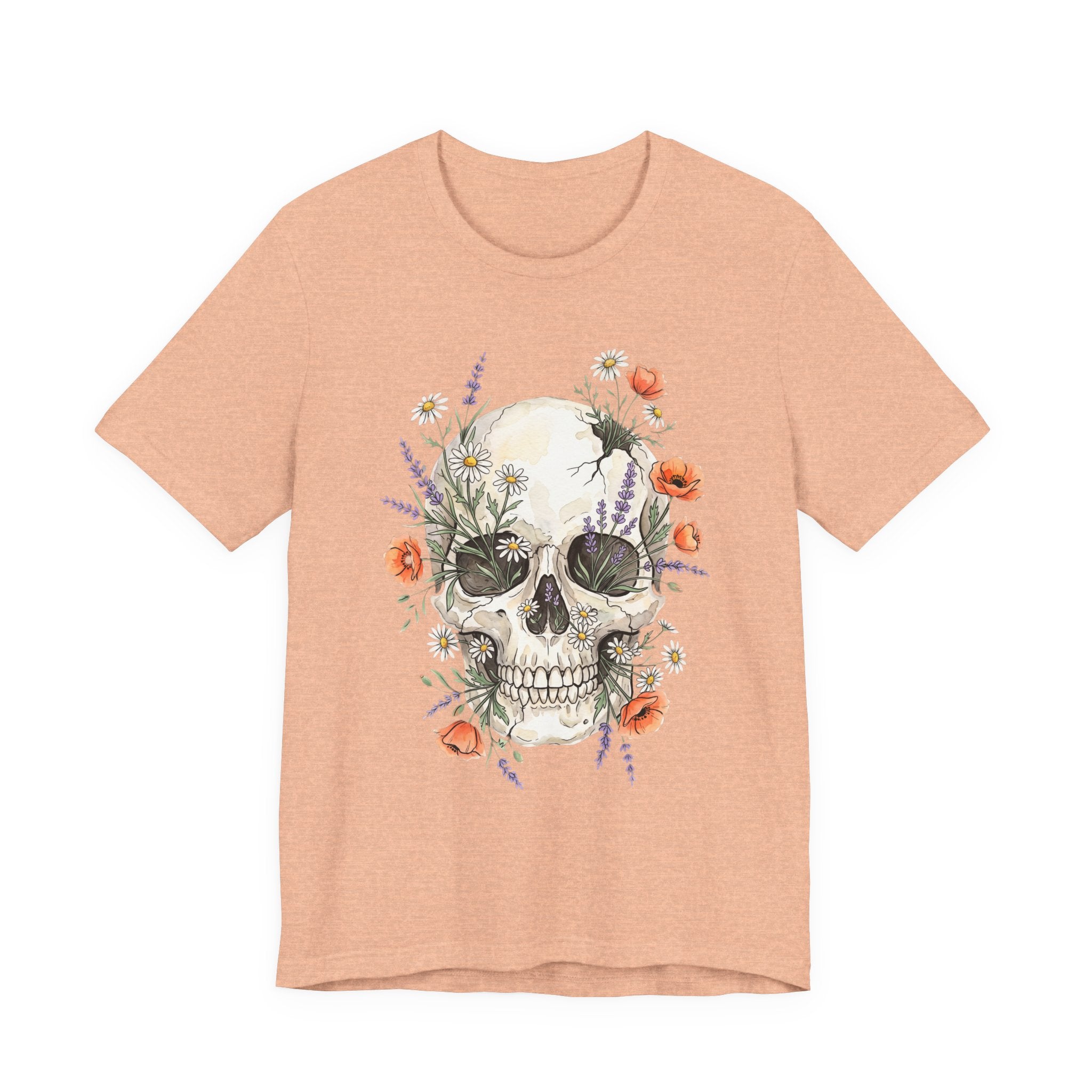Peach floral skull T-shirt with poppies and wildflowers botanical graphic on front