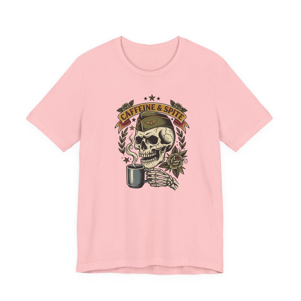 Light pink graphic T-shirt with skull holding coffee mug, Caffeine & Spite design