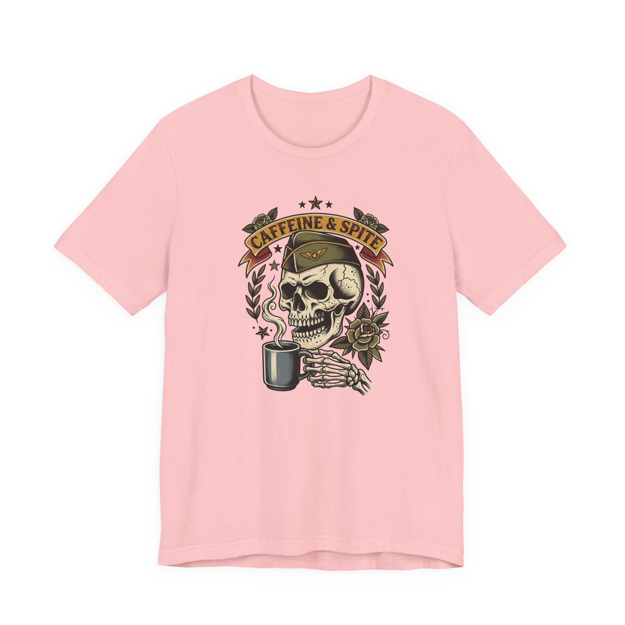 Light pink graphic T-shirt with skull holding coffee mug, Caffeine & Spite design