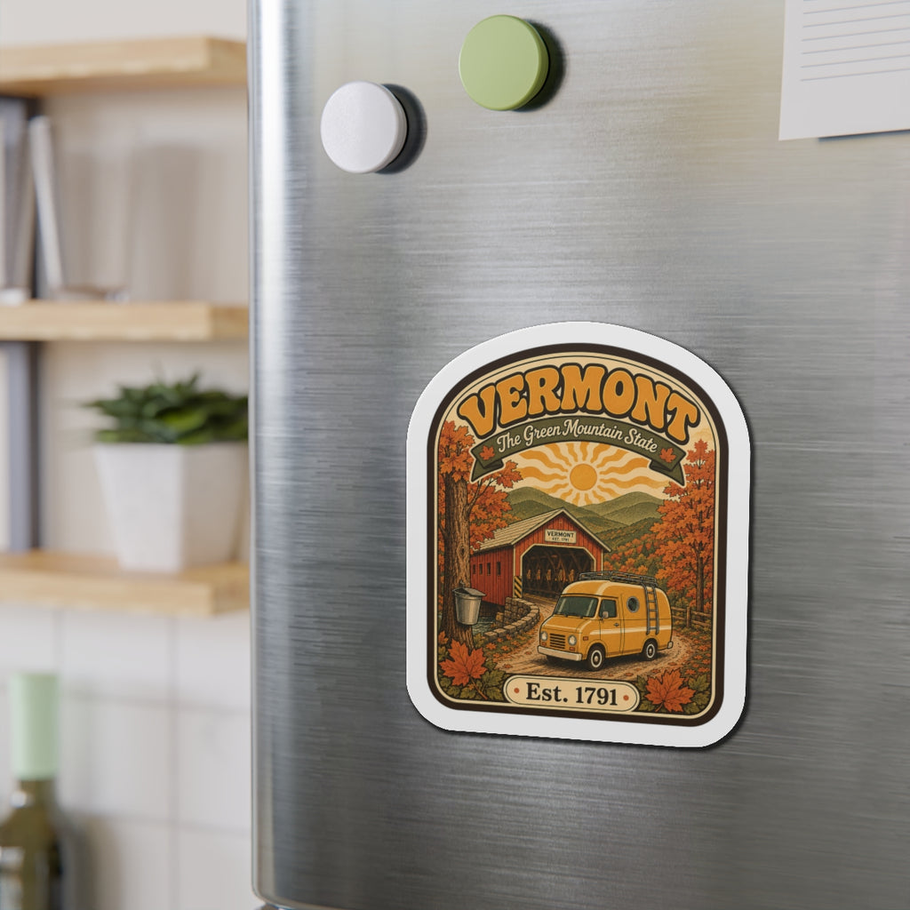 Arched die-cut Vermont magnet with covered bridge artwork, sun, and Est. 1791