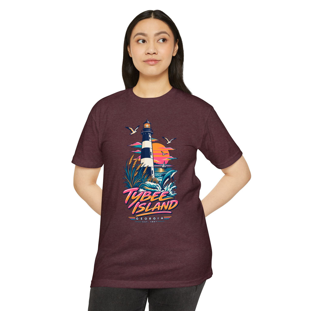 Dark maroon T-shirt with colorful lighthouse and “Tybee Island” graphic
