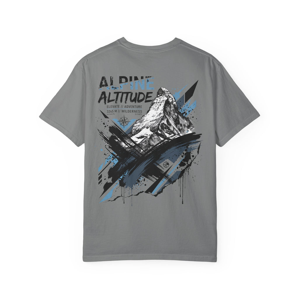 Dark gray crew-neck T-shirt with 'Alpine Altitude' mountain graphic, back view