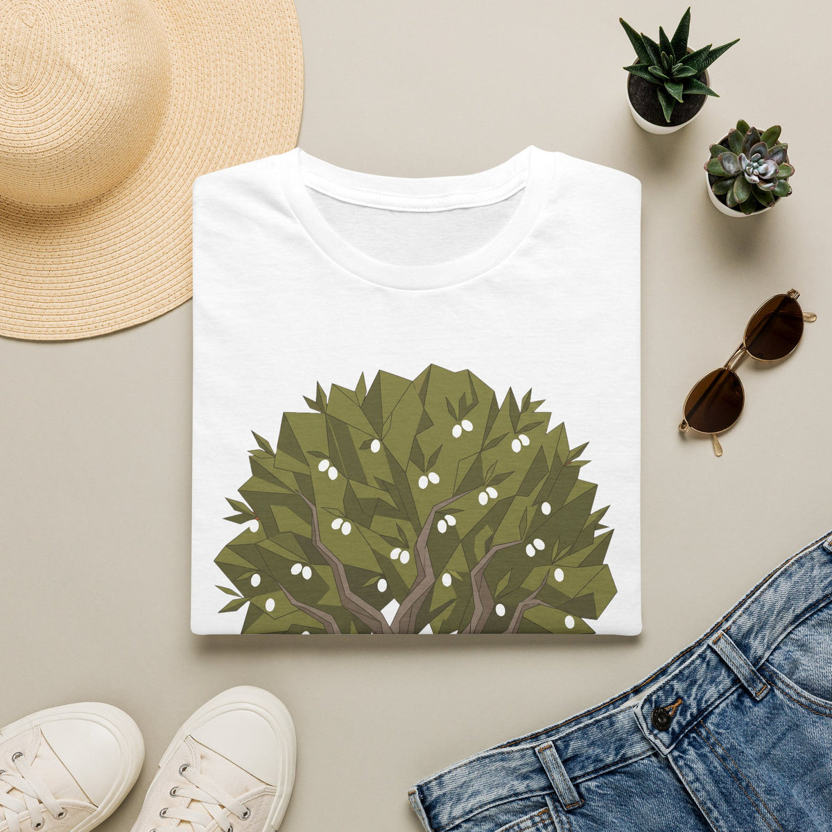 White olive tree graphic t-shirt with twisted branches and white blossoms