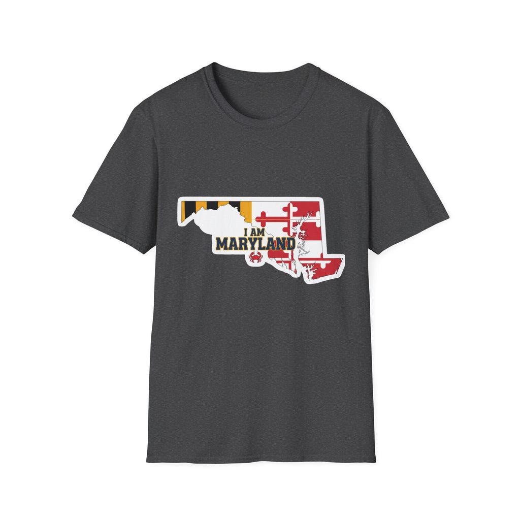 Dark heather Maryland state outline flag t-shirt with “I AM MARYLAND” graphic