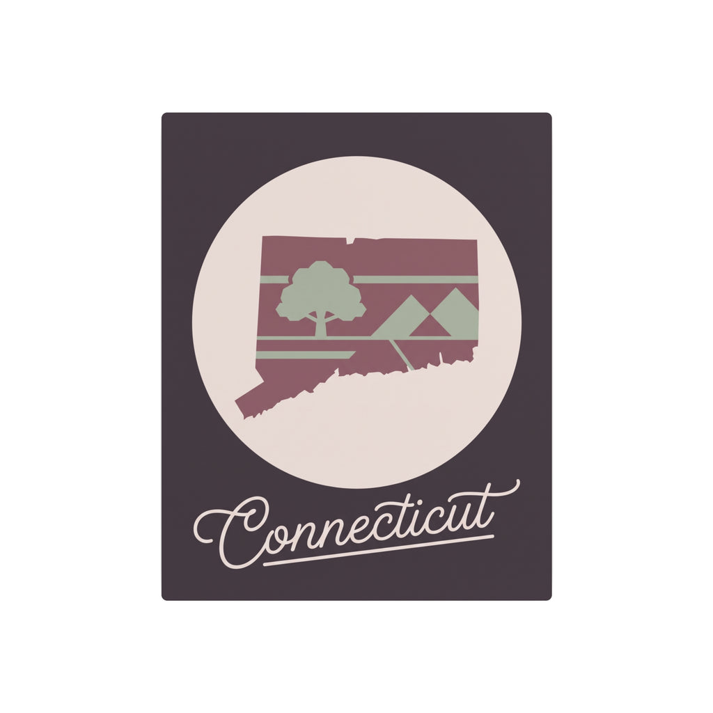 Connecticut metal wall art featuring mauve and sage state silhouette with tree and “Connecticut” script