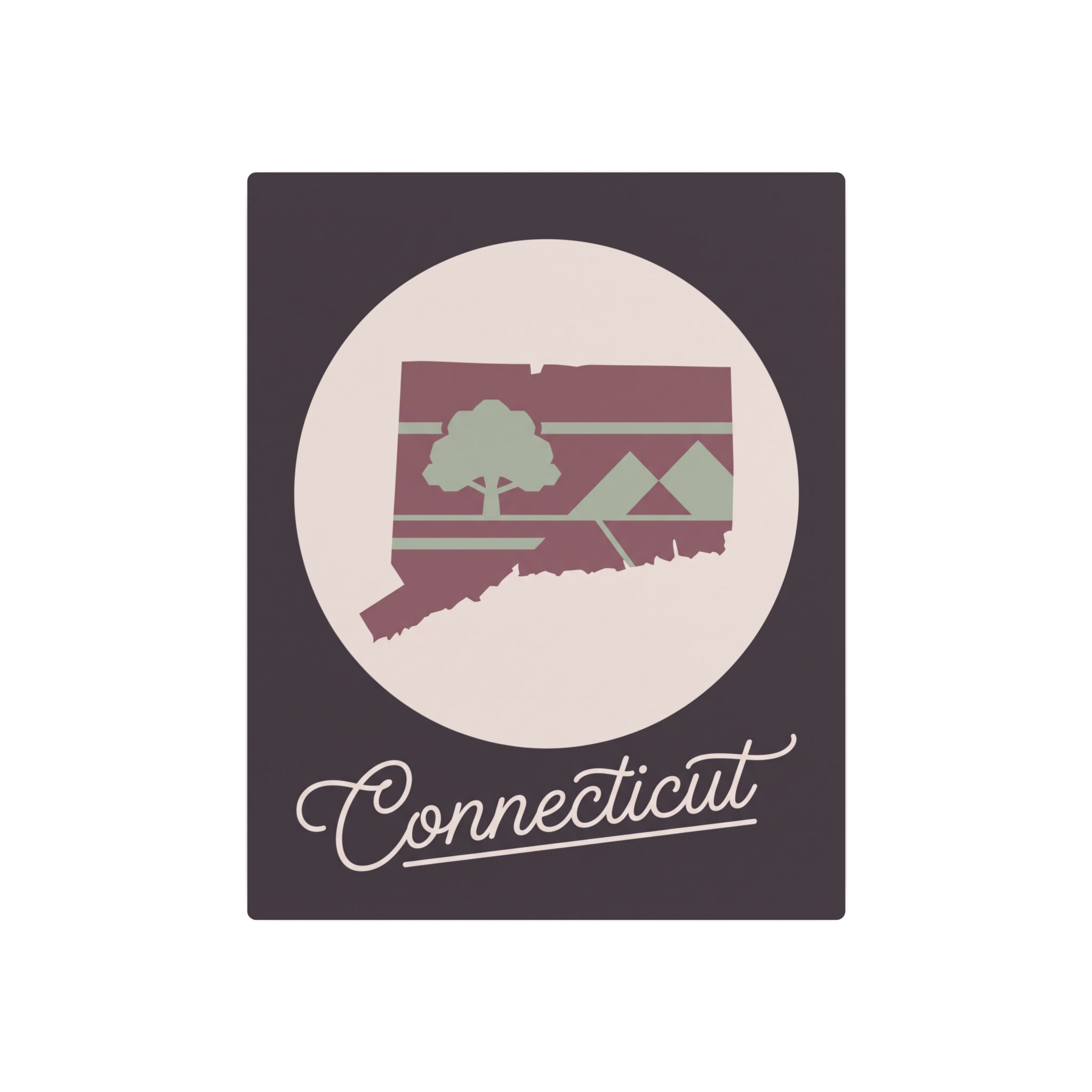 Connecticut metal wall art featuring mauve and sage state silhouette with tree and “Connecticut” script