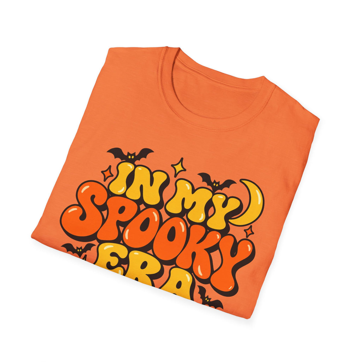 Orange crew-neck T-shirt with Halloween retro bubble lettering and bat graphics