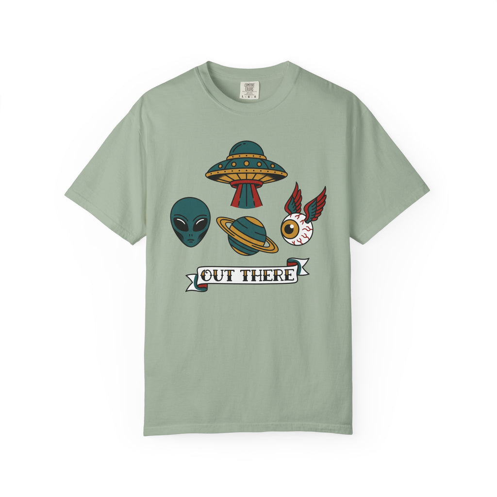 Sage green graphic T-shirt with alien, UFO, and "OUT THERE" patch-style print