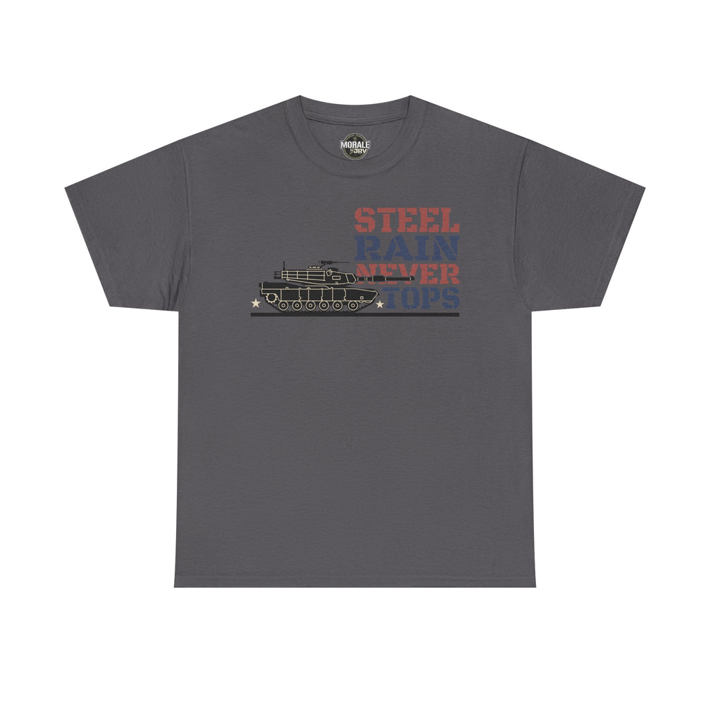 Charcoal crew-neck T-shirt with tank and “Steel Rain Never Tops” graphic on front