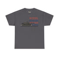Charcoal crew-neck T-shirt with tank and “Steel Rain Never Tops” graphic on front