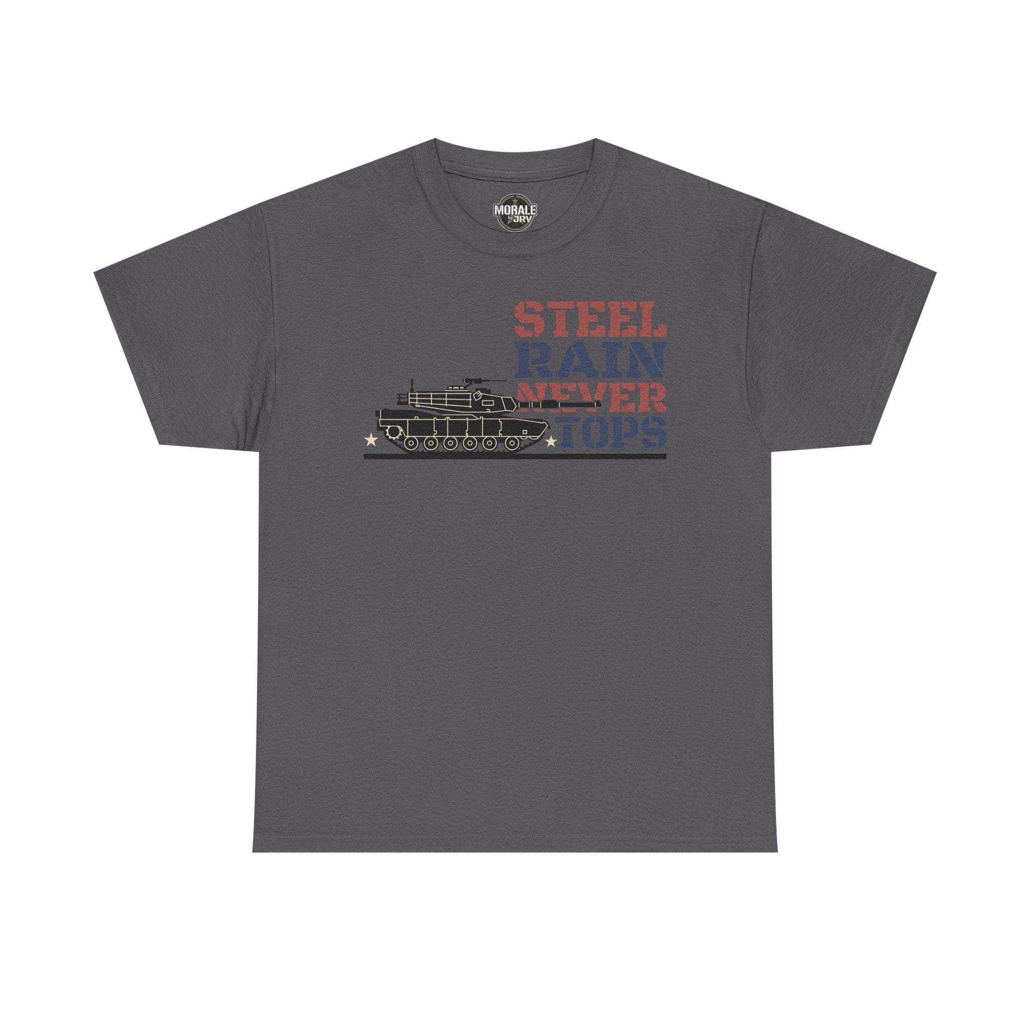 Charcoal crew-neck T-shirt with tank and “Steel Rain Never Tops” graphic on front