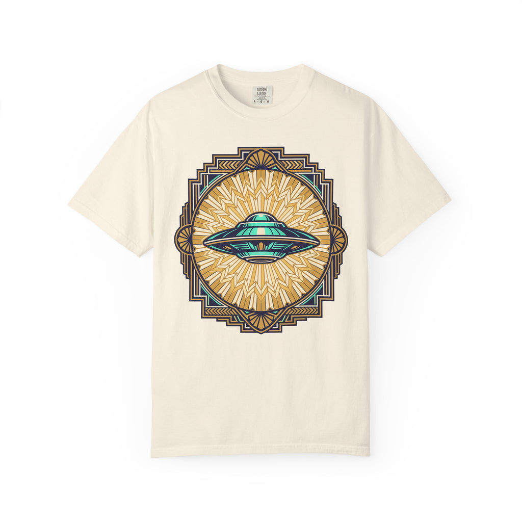 Off-white T-shirt with central UFO graphic in blue and gold sunburst design