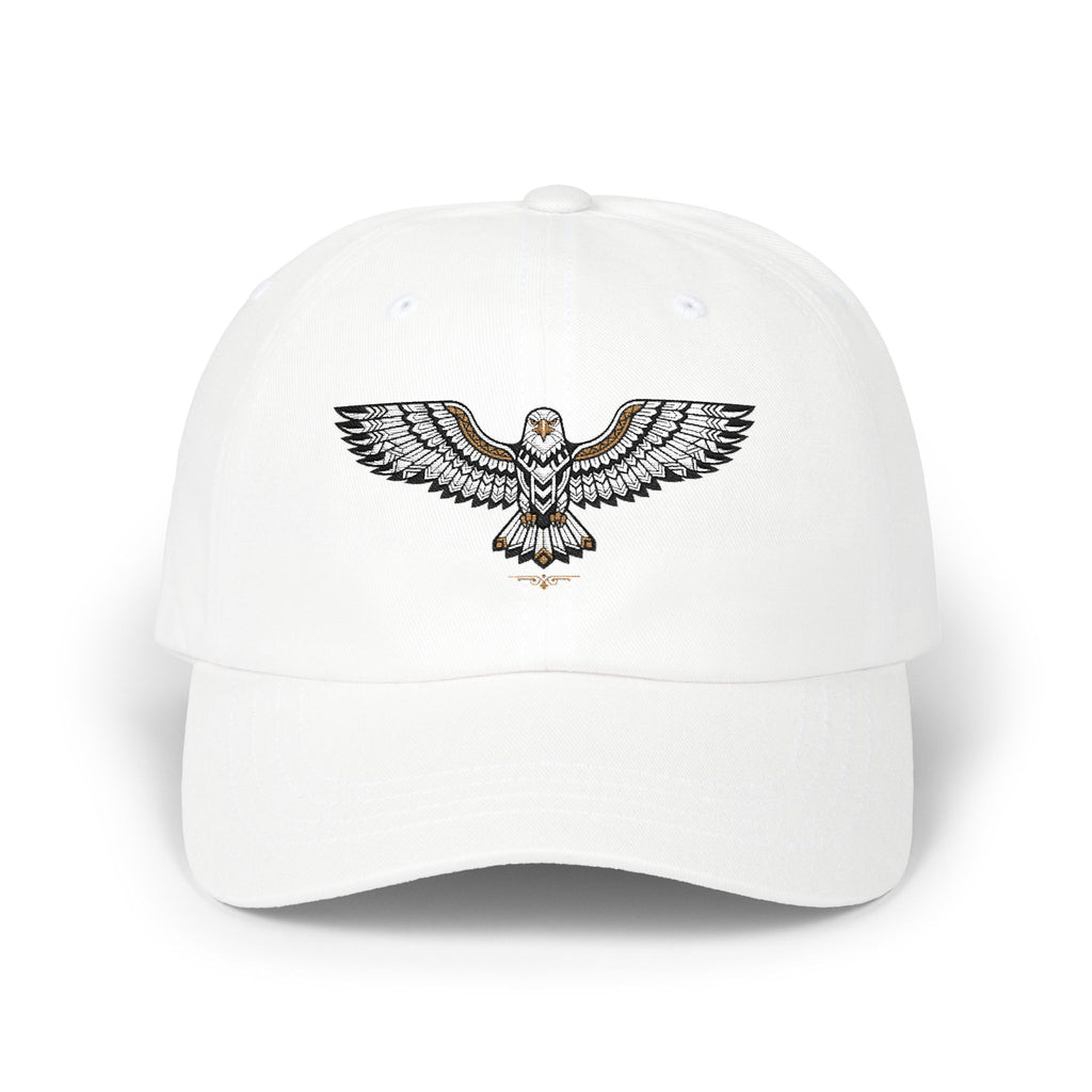 White baseball cap with embroidered eagle emblem on the front