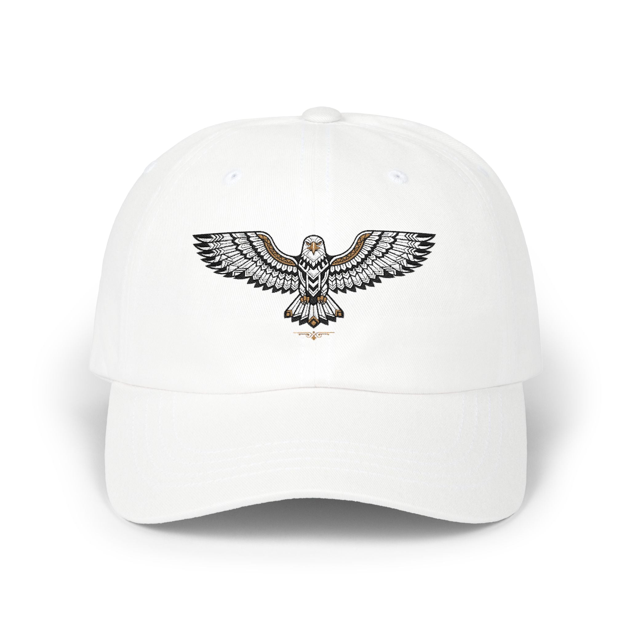 White baseball cap with embroidered eagle emblem on the front