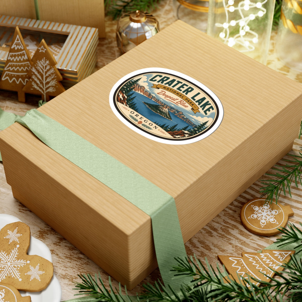 Round travel sticker on gift box lid with green ribbon; Crater Lake “Deepest Blue” scene.