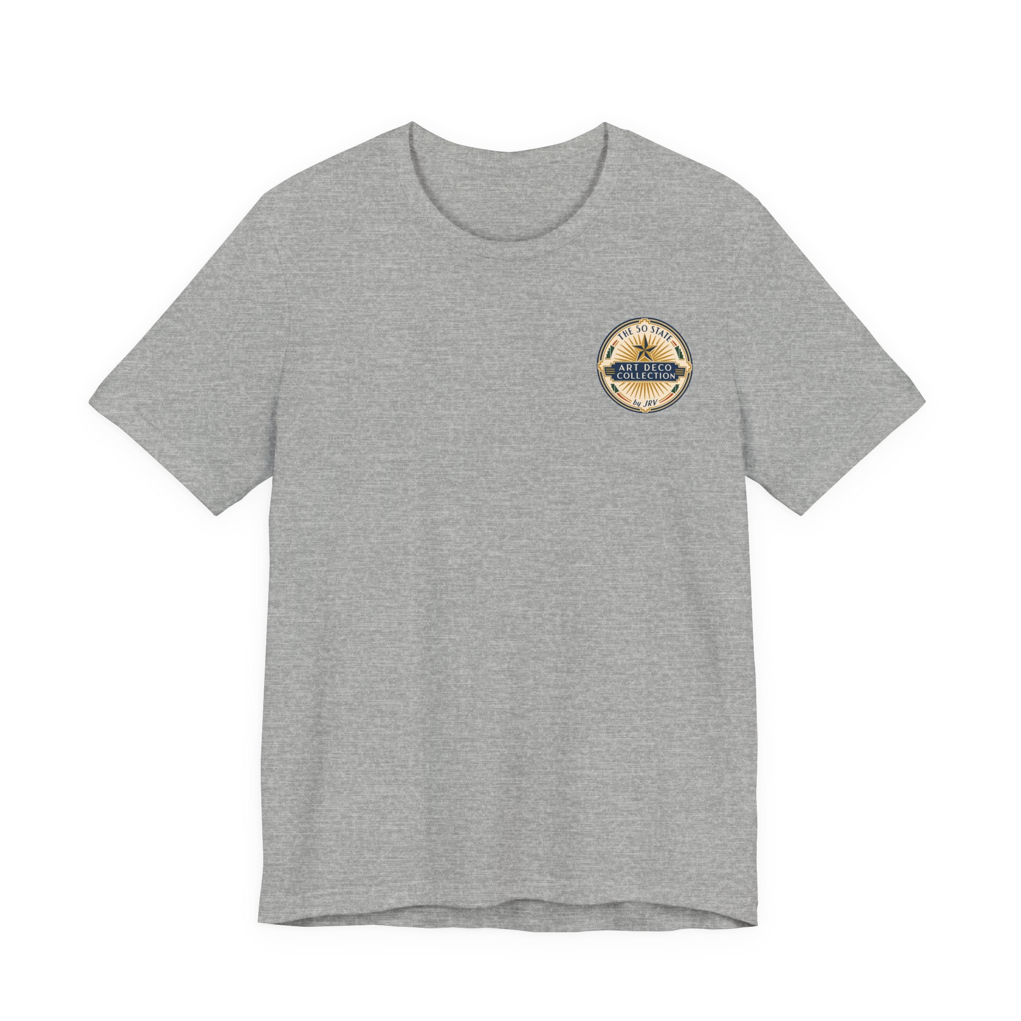 Heather gray crewneck T-shirt with small round retro badge logo on chest