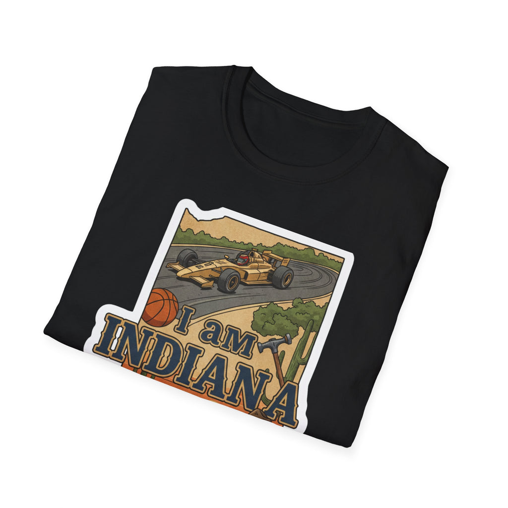 I Am Indiana T-shirt, black front print with Indiana text, basketball and race car