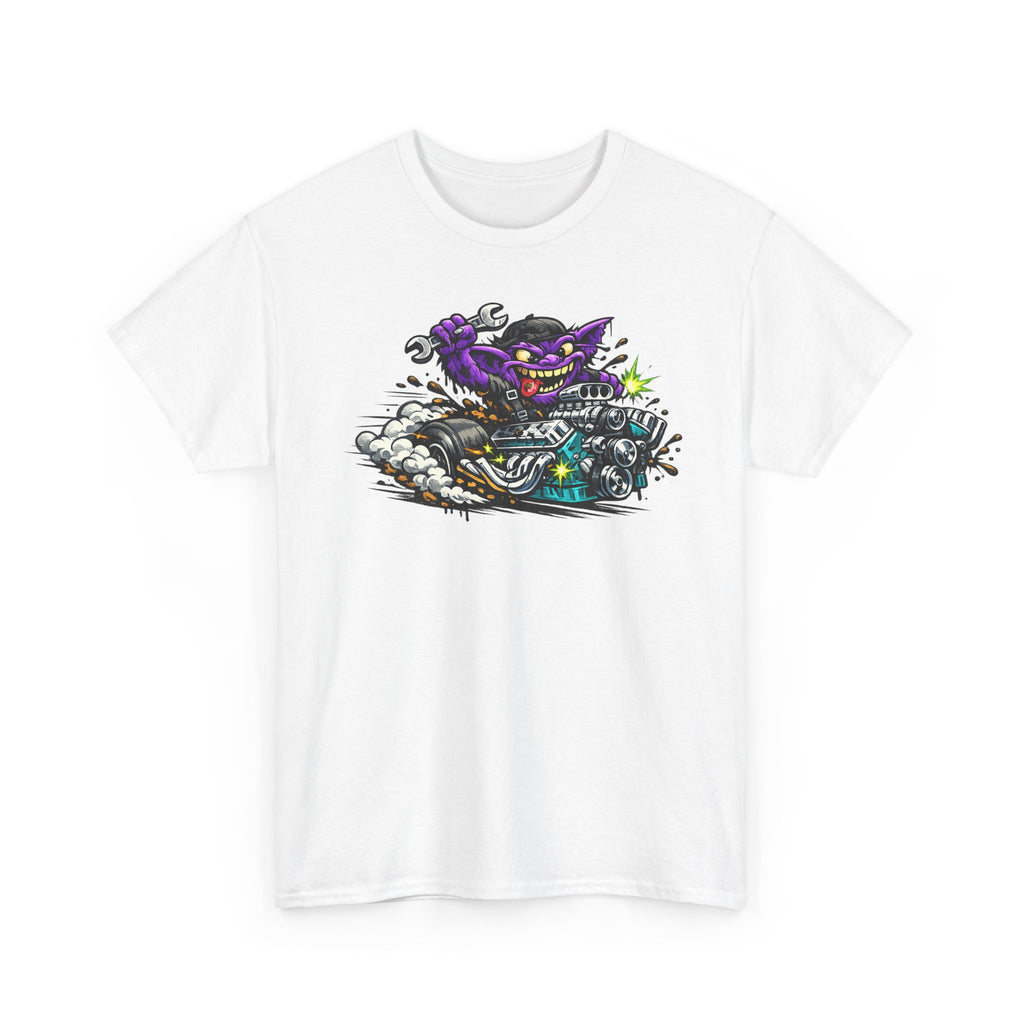 White T-shirt with grinning purple cat biker motorcycle graphic