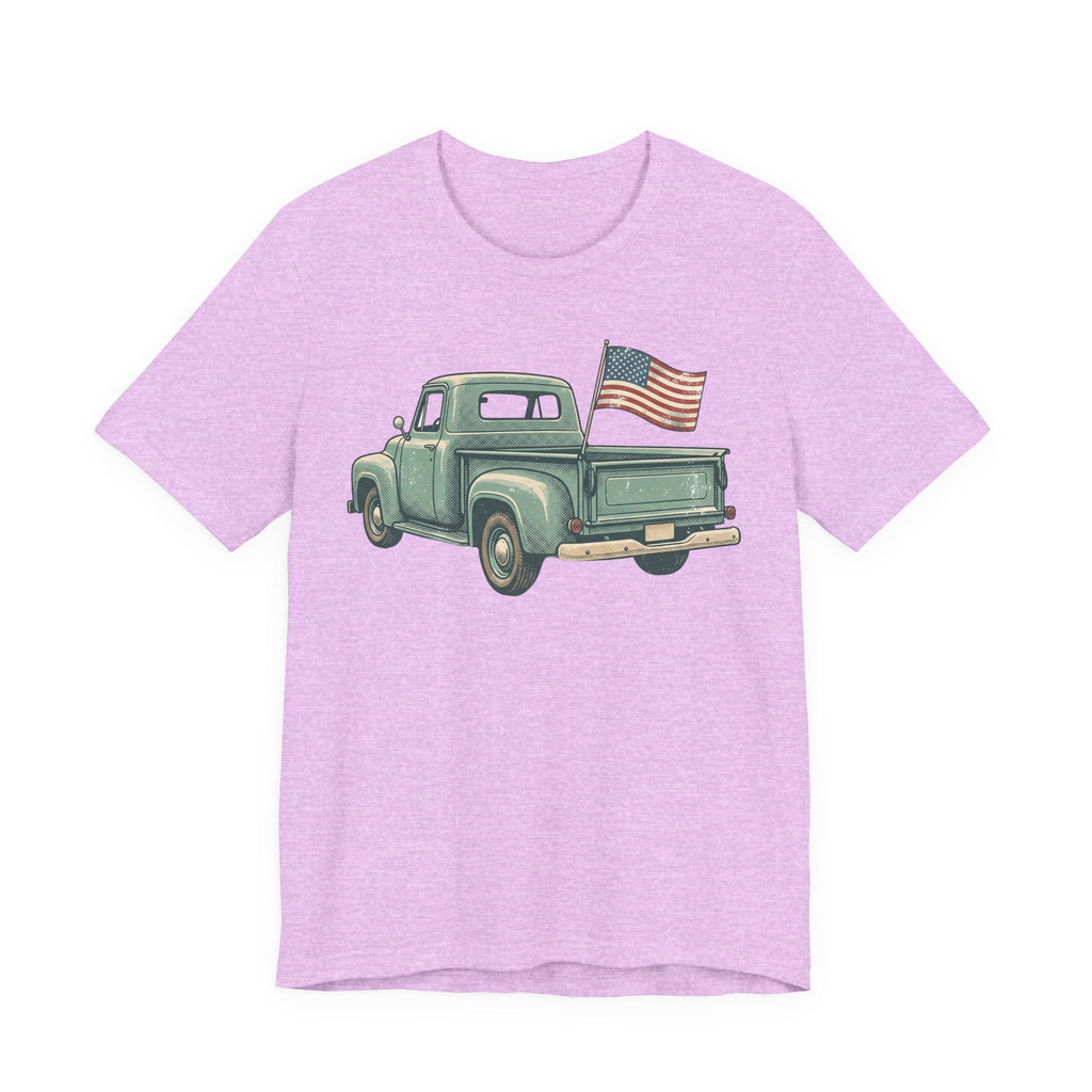 Lavender pickup truck graphic T-shirt with small American flag