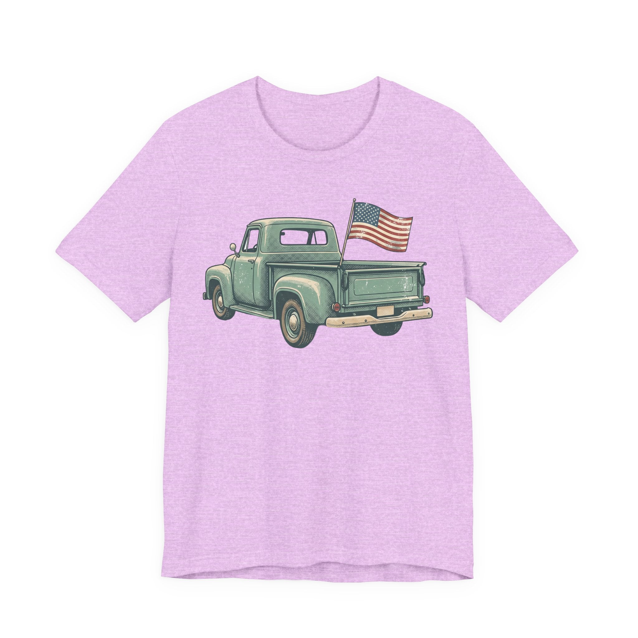 Lavender pickup truck graphic T-shirt with small American flag
