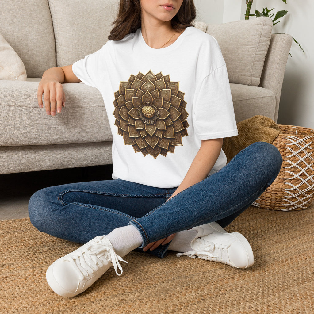 White graphic t-shirt with bronze geometric flower mandala sunburst centered