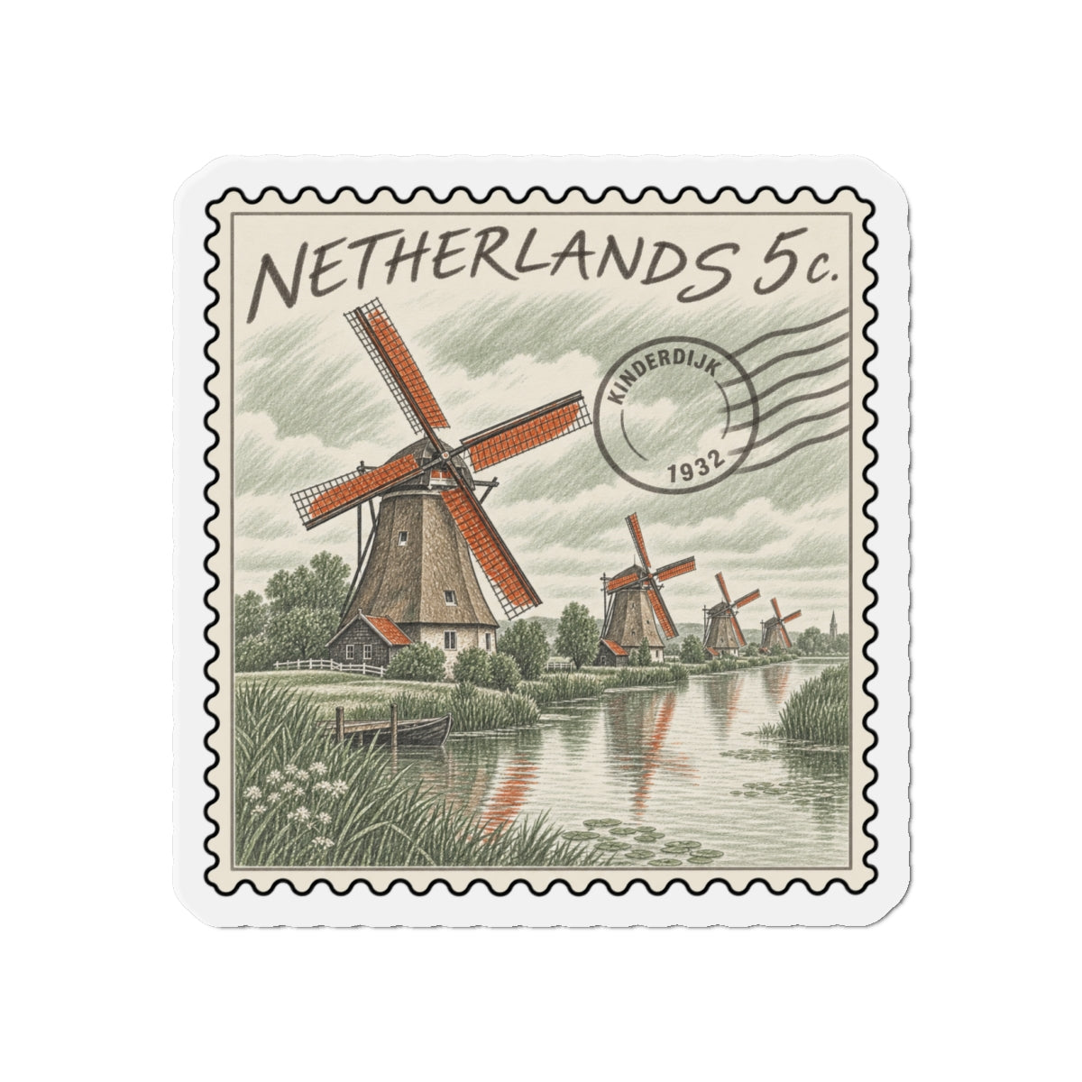Die-cut Netherlands 5c stamp magnet featuring windmills, canal, and postmark