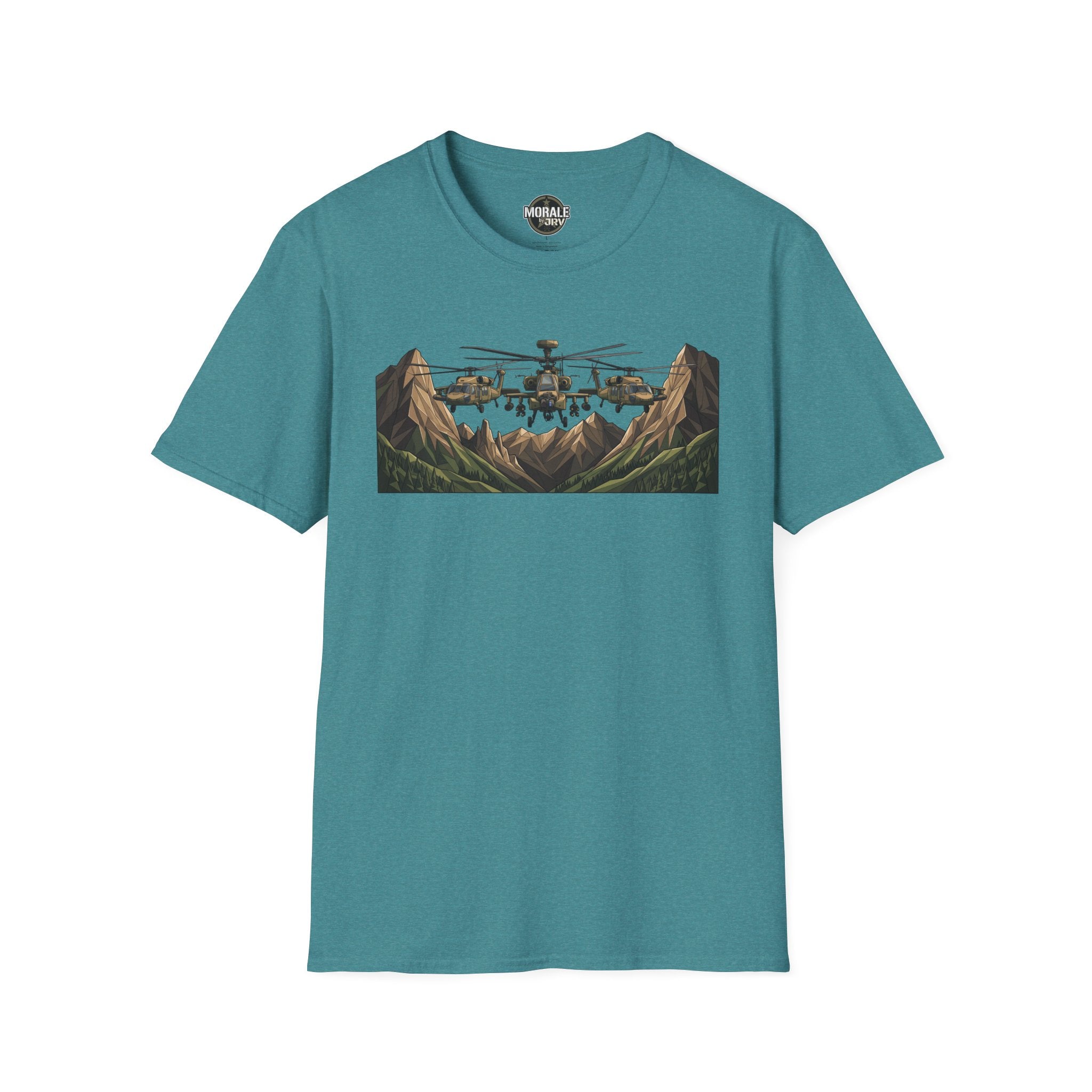 Military helicopter landscape graphic T-shirt, teal, front chest design