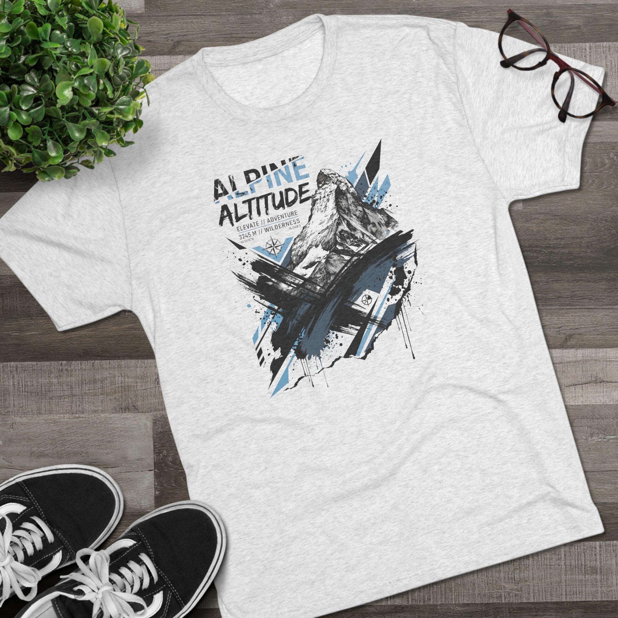 Light gray crew-neck T-shirt with Alpine Altitude mountain peak graphic on front