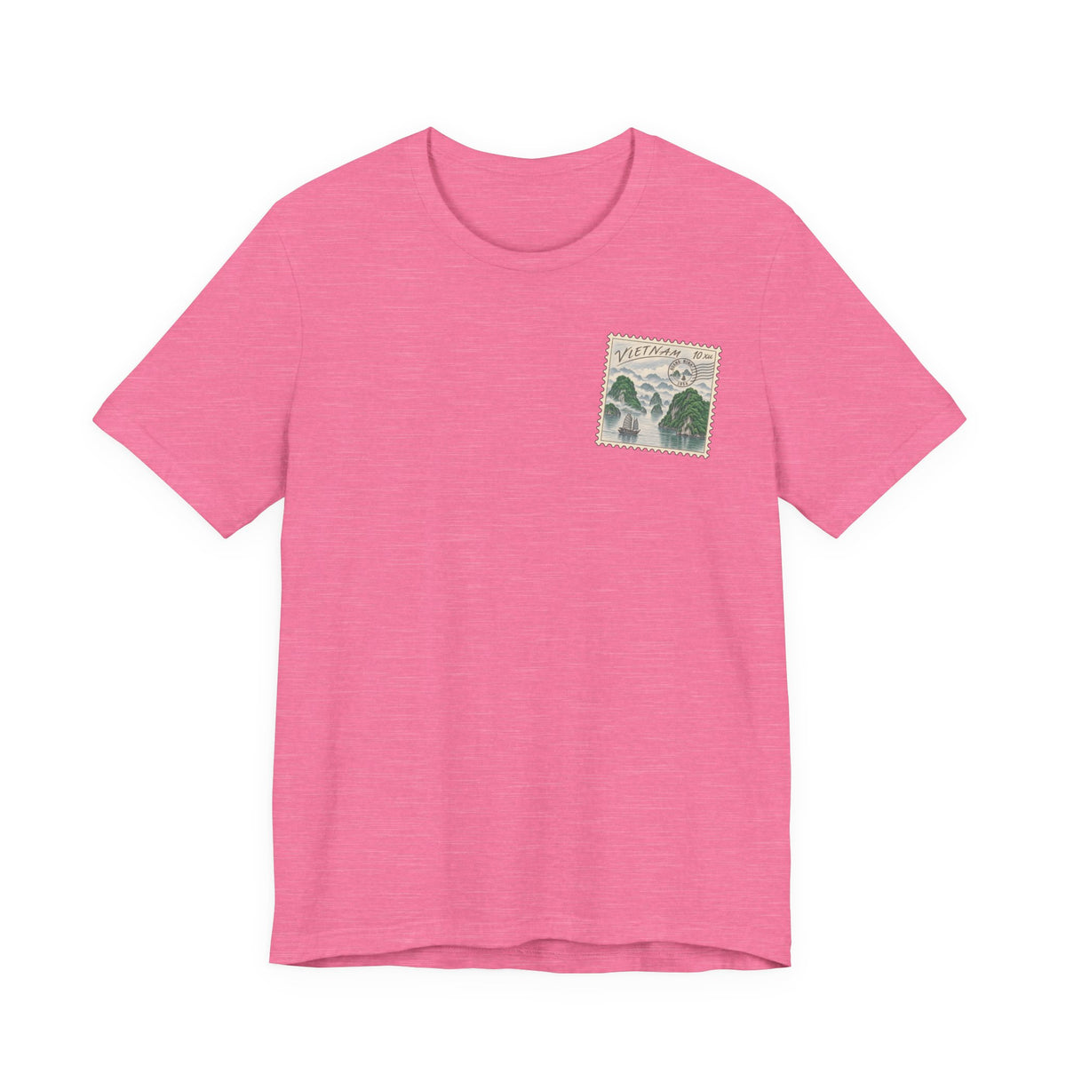 Pink short-sleeve T-shirt with small postage-stamp style graphic on the chest