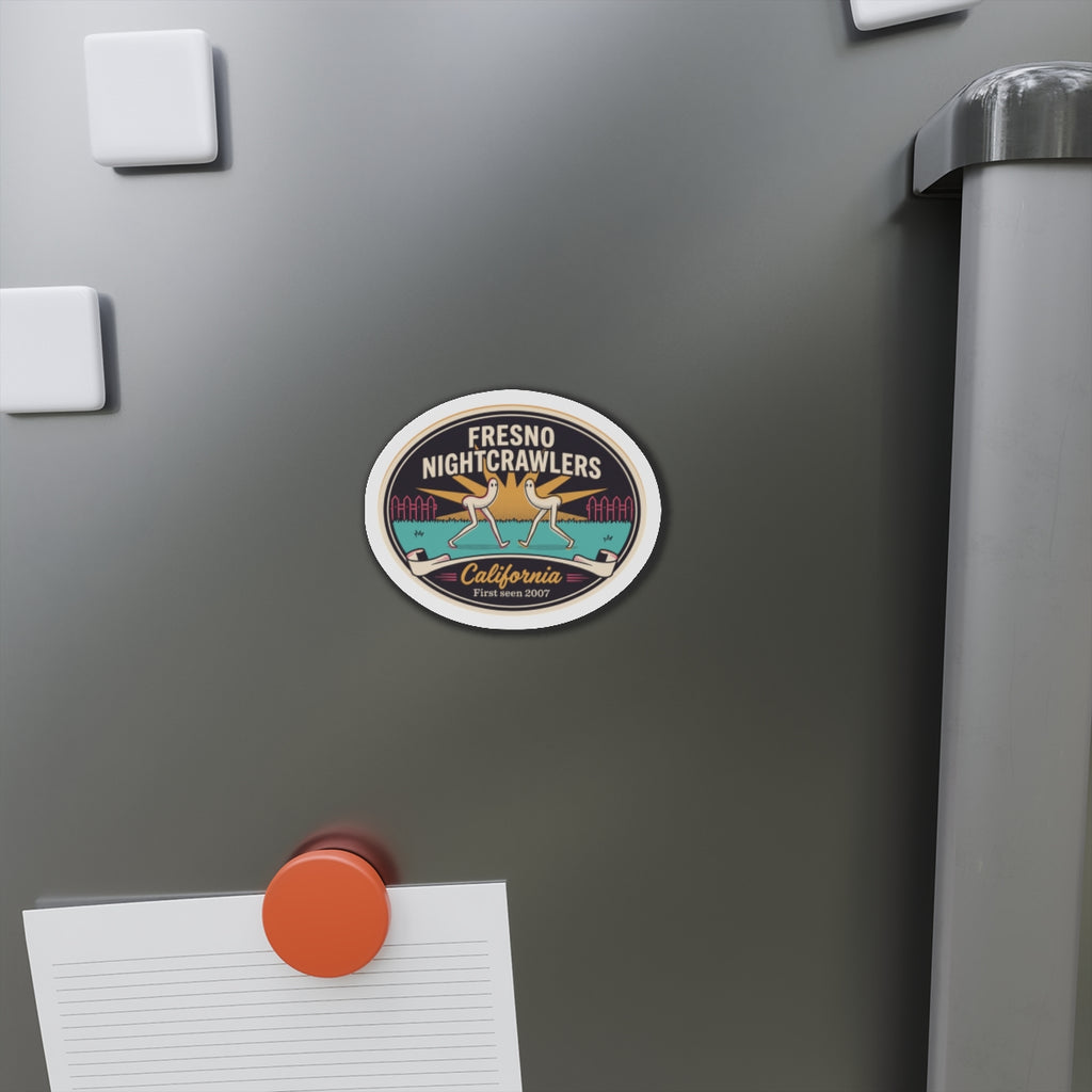 Round die-cut magnet on gray refrigerator door with California 'First seen 2007' badge.