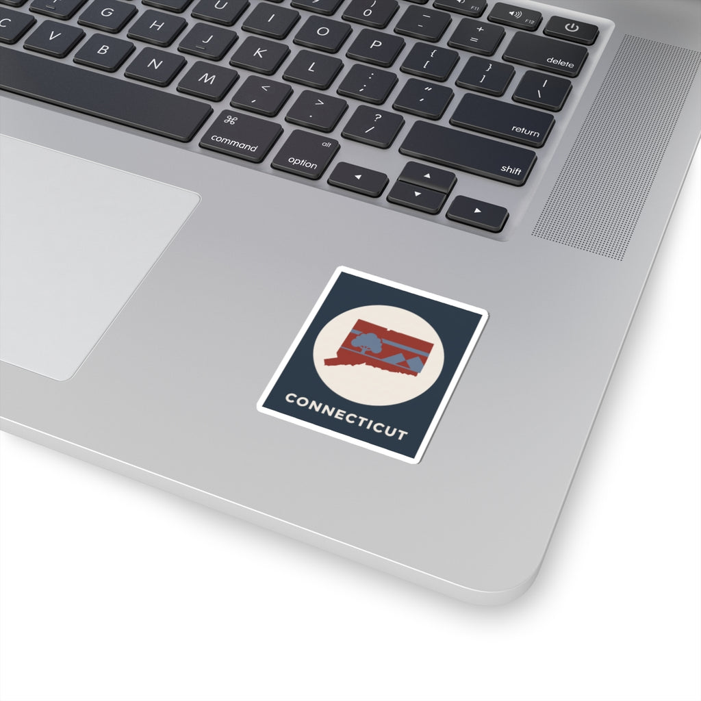 Connecticut state map sticker with retro map icon in a dark blue square