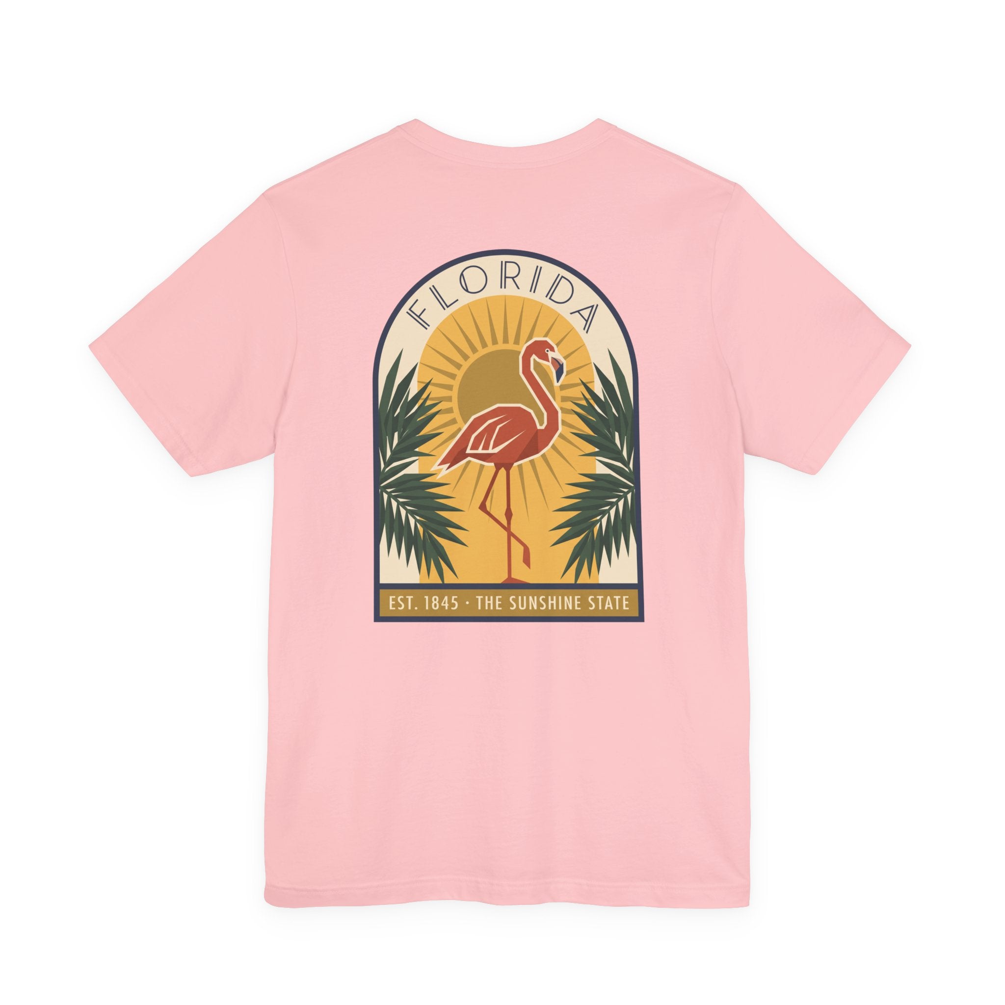 Pink T-shirt with round flamingo logo and palm art deco graphic on chest