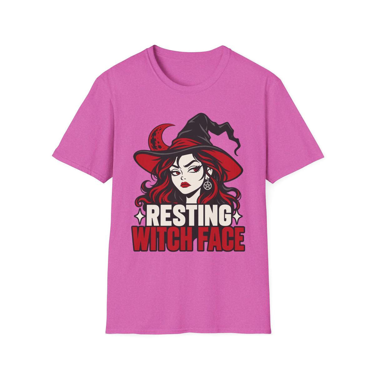 Pink Halloween T-shirt with resting witch face graphic