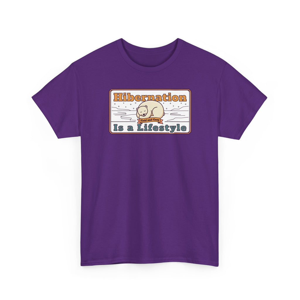 Purple crew-neck T-shirt with Hibernation text graphic