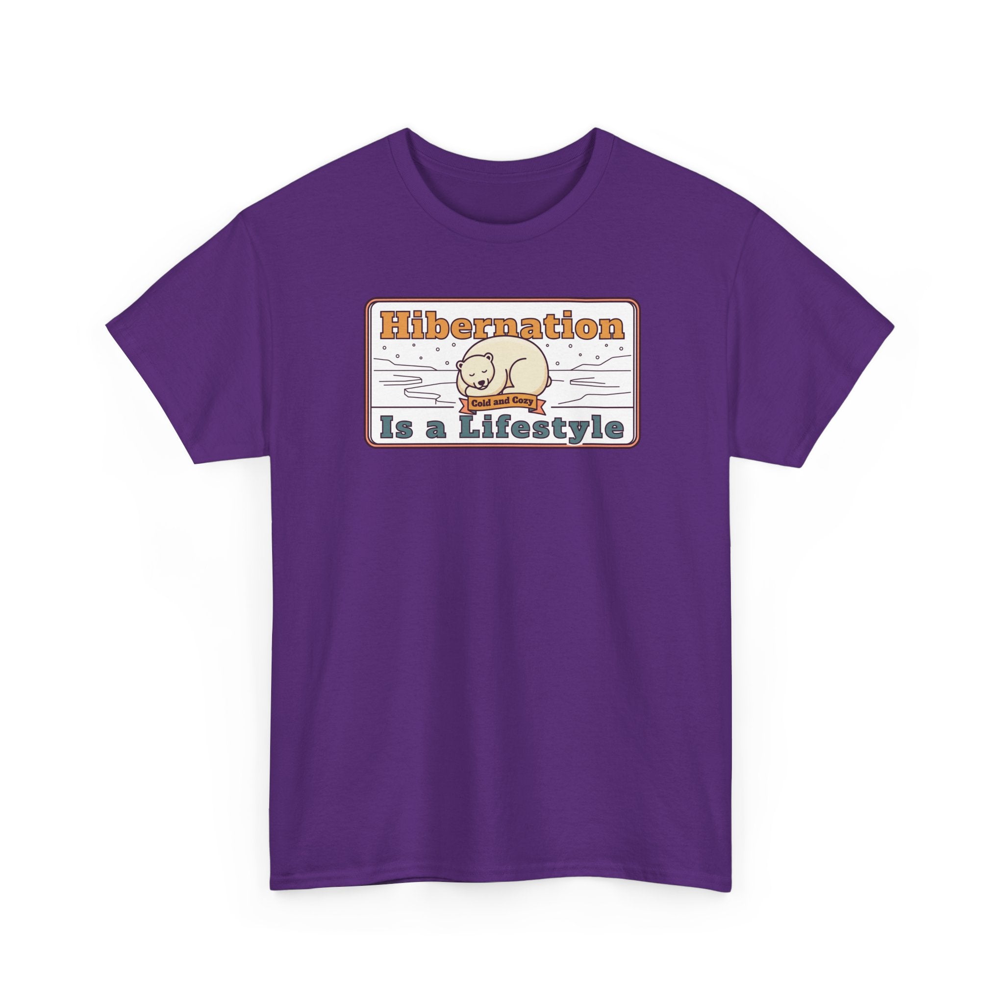Purple crew-neck T-shirt with Hibernation text graphic