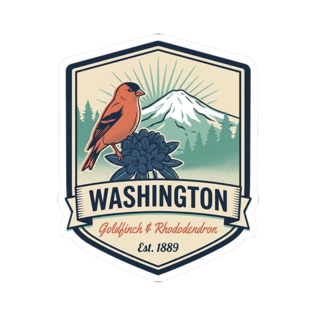 Washington badge sticker, kiss-cut border with orange bird, mountains, and blue flower