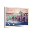 Framed geometric acrylic wall art print of a colorful bridge and swans scene