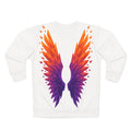 White sweatshirt with colorful geometric heart-and-wings back graphic, orange and purple