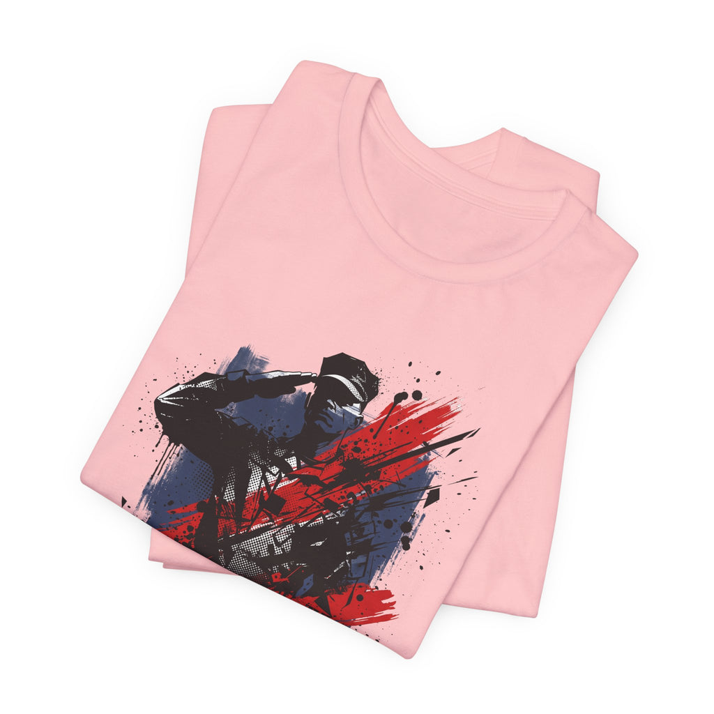 Light pink crewneck T-shirt with blue and red soldier silhouette graphic