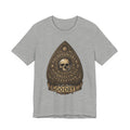 Ouija planchette skull T-shirt, heather gray fabric, gold “GOODBYE” graphic centered