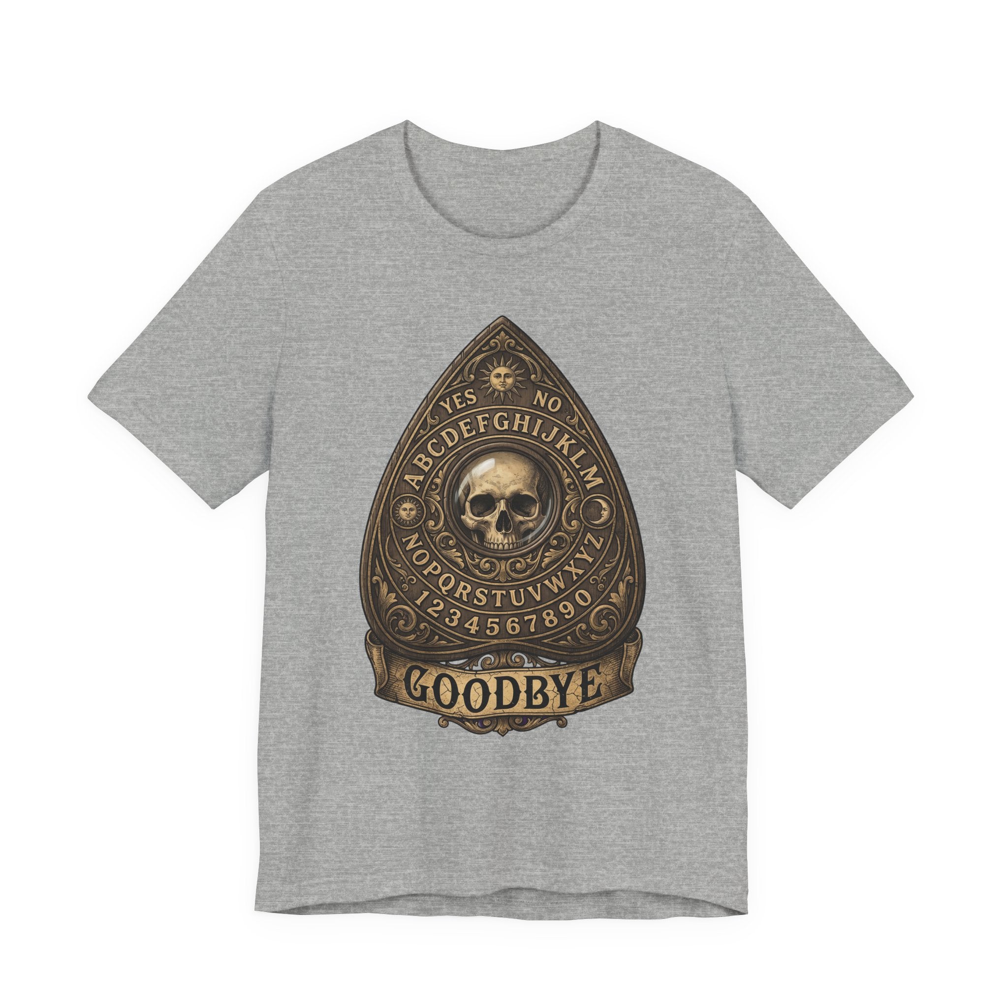 Ouija planchette skull T-shirt, heather gray fabric, gold “GOODBYE” graphic centered