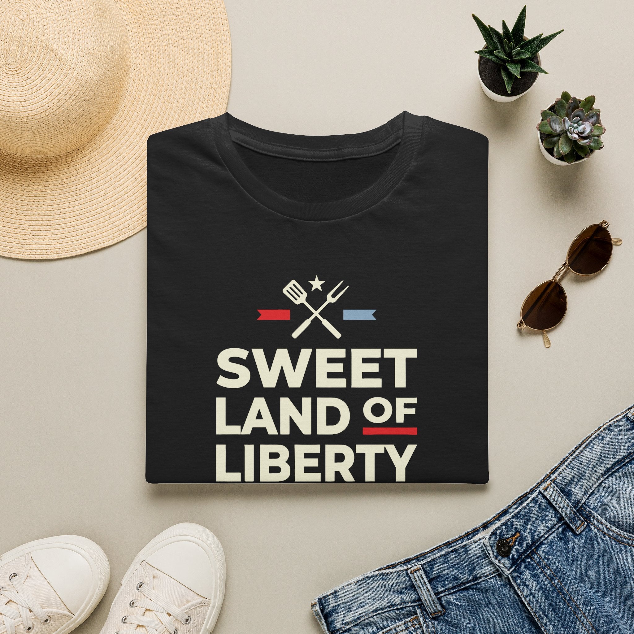 Black 4th of July BBQ T-shirt with “Sweet Land of Liberty” patriotic grill graphic