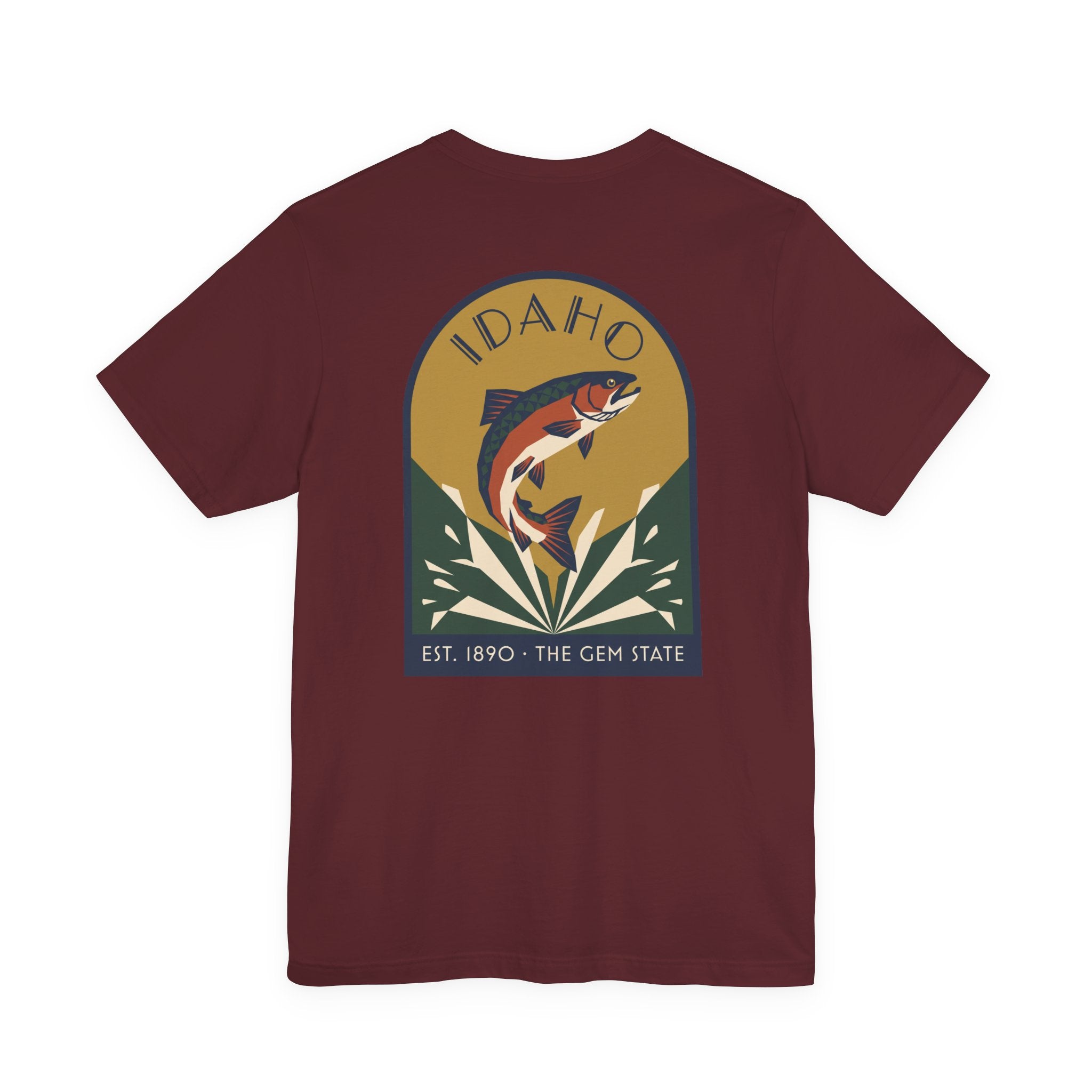 Maroon crewneck T-shirt with large circular trout badge graphic on chest