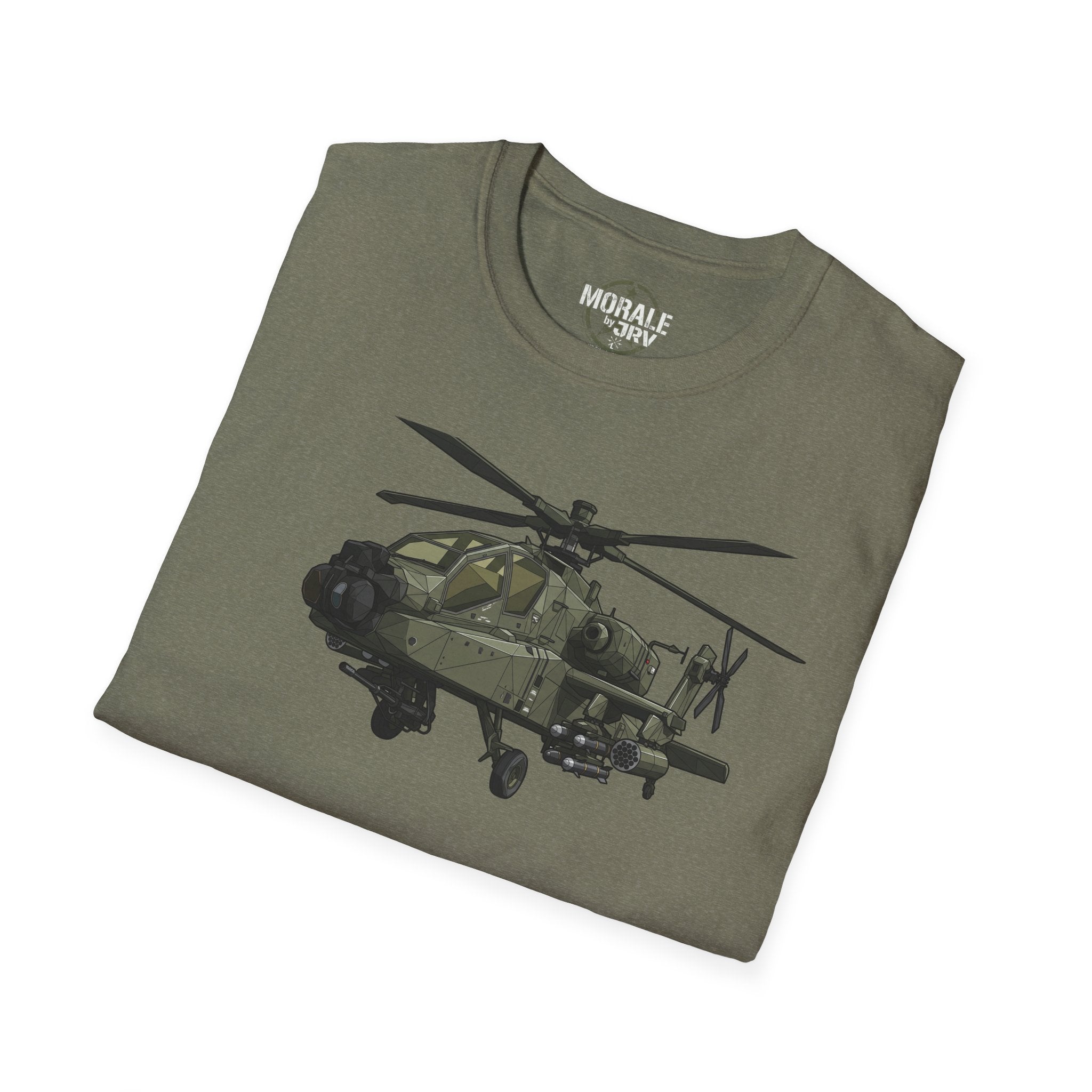 AH-64 Apache T-shirt, military green heather, front helicopter graphic