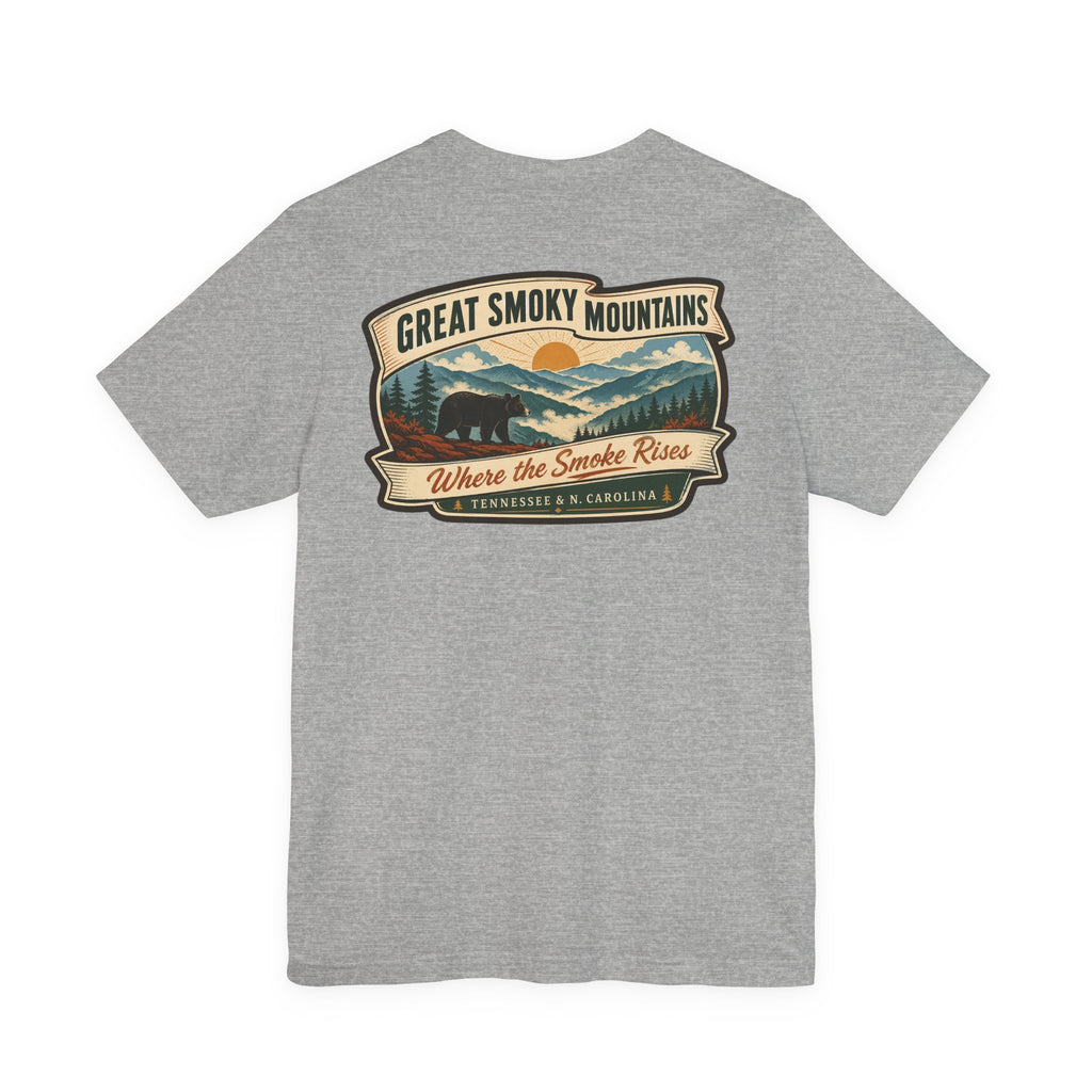 Dark grey heather crew-neck T-shirt with Great Smoky Mountains retro landscape chest print