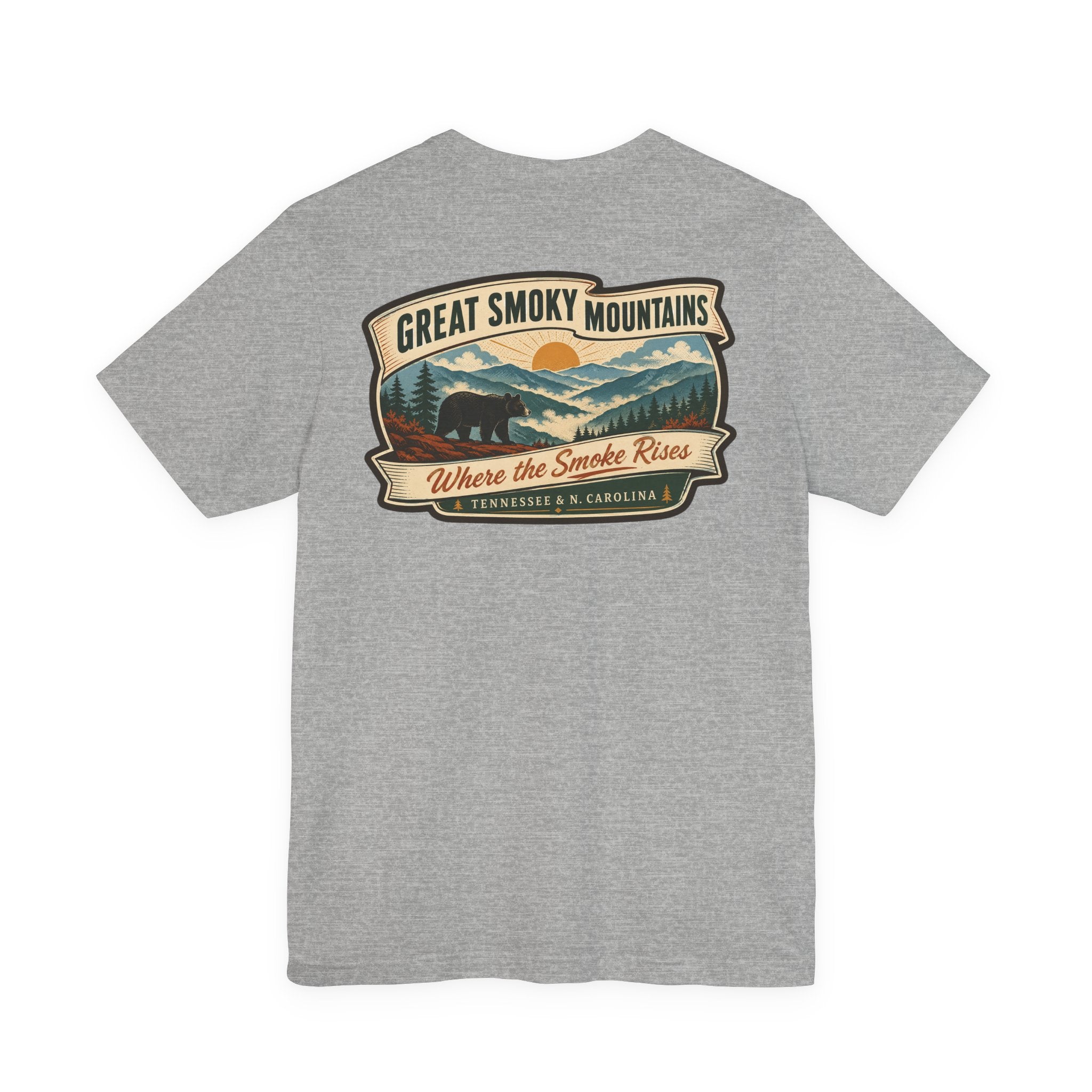 Dark grey heather crew-neck T-shirt with Great Smoky Mountains retro landscape chest print